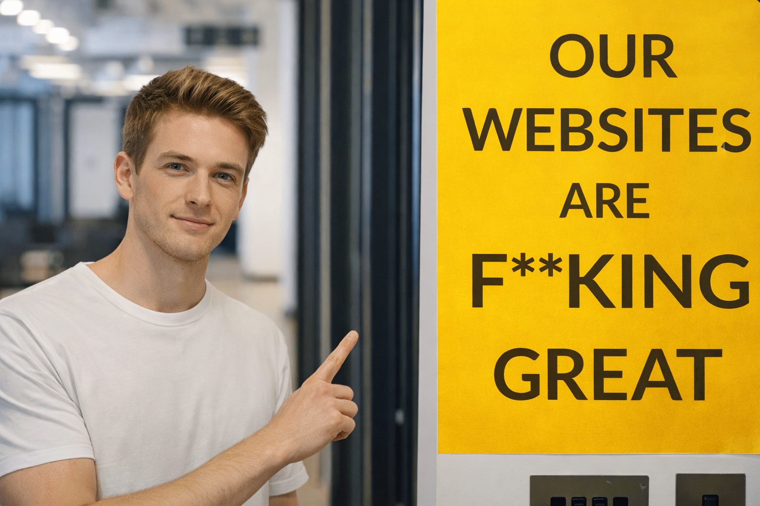 Confident point at bold sign